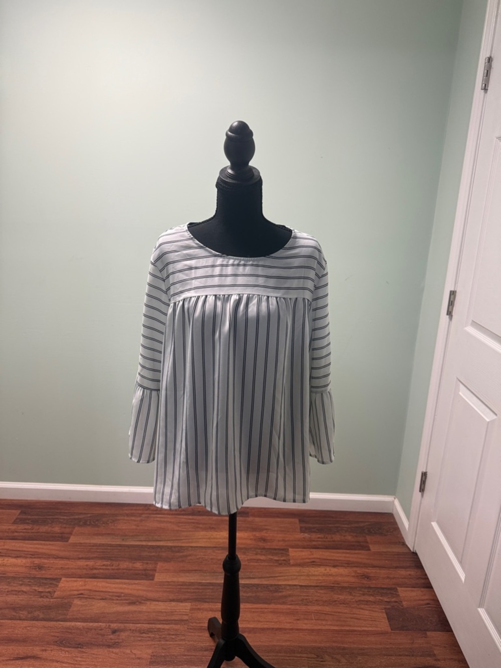 W5 White and Black Striped Bell Sleeve Tunic Blouse